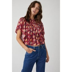 Free People Printed Ruffled Up Top Red Combo Size XS Floral Cropped Short Sleeve
